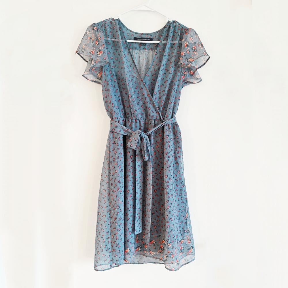 French Connection Blue Floral Wrap Style Spring Chiffon Dress